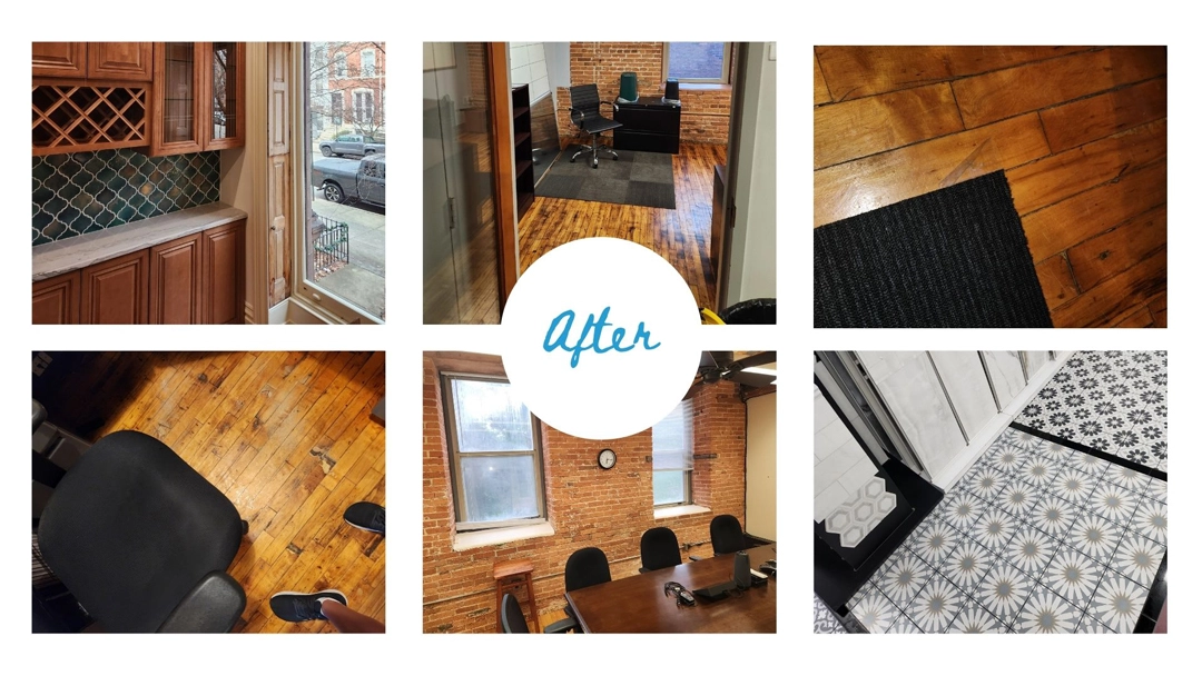 11 A photo collage labeled "After" shows six different images of clean interiors, including polished wood floors, tidy office spaces, a kitchen counter, and tile samples.