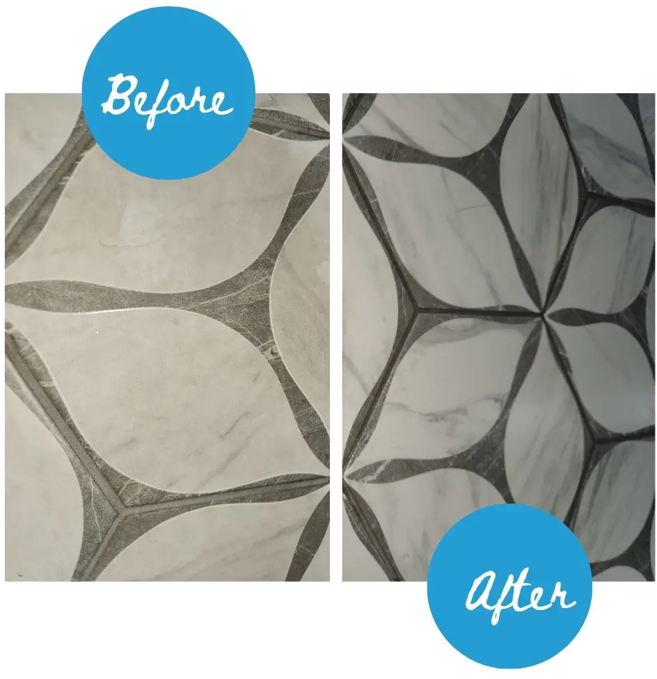 before-after Before and after images of patterned tile, showing a refreshed look with enhanced contrast and clarity in design details.